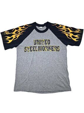 United Steelworkers Flame Sleeve t-shirt Large USW Union Made in USA Ironworkers